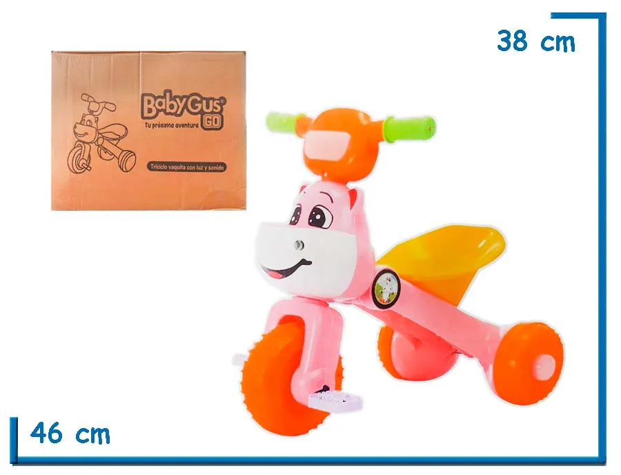BABY GUS GO TRICICLO VAQUITA ROSA CON LUZ Y SONIDO