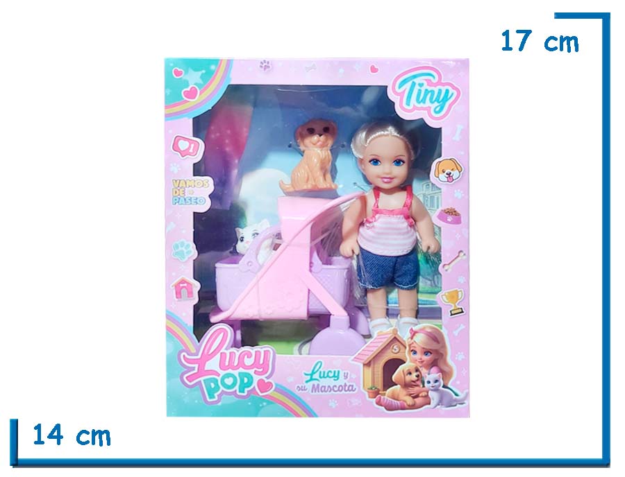 TINY LUCY POP MU¥ECA REMERA RAYADA CON DOS MASCOTAS Y PASAEDOR