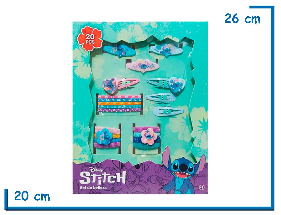 STITCH SET DE BELLEZA HEBILLAS Y GOMITAS PARA EL CABELLO 20 PZS