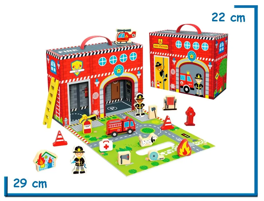 TOOKY TOY MALETIN ESTACION DE BOMBEROS PLAYSET DE MADERA