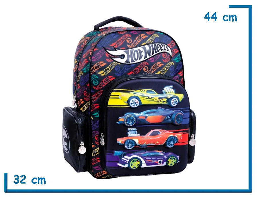 MOCHILA ESPALDA 18” HOT WHEELS NEGRA 4 AUTOS RELIEVE