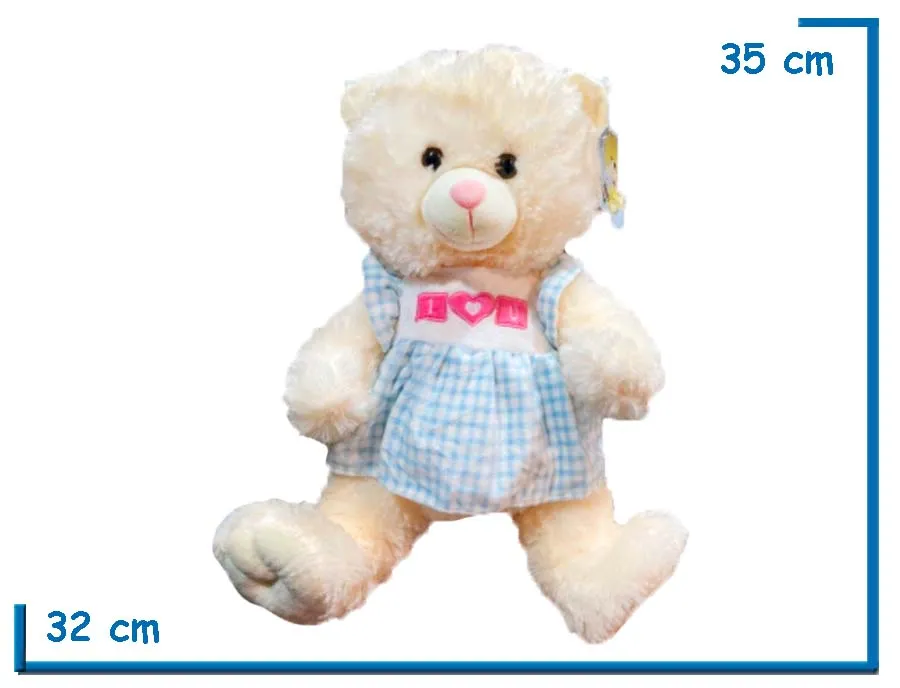 PELUCHE OSO SENTADO CON VESTIDO CELESTE CUADRILLE