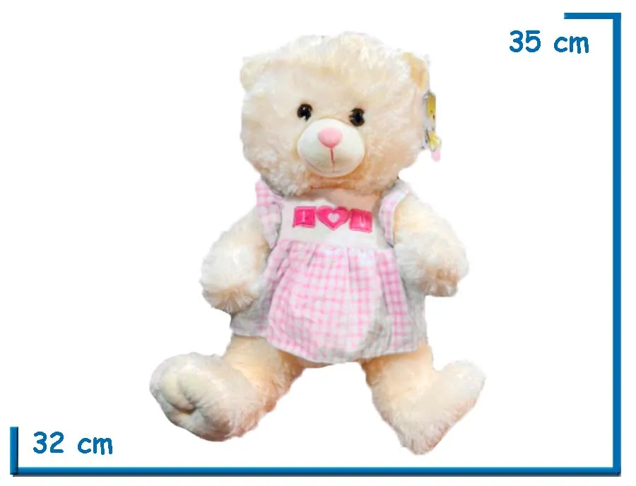 PELUCHE OSO SENTADO CON VESTIDO ROSA CUADRILLE